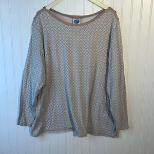 DG2 Diane Gilman Pull Over Top Womens 3X Tan White Geometric Print Long Sleeve